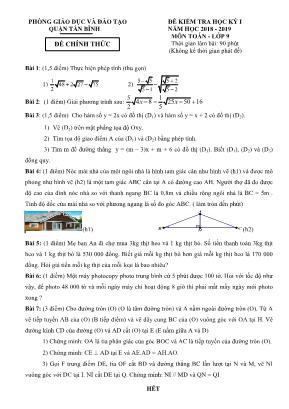Đề kiểm tra học kỳ I môn Toán học Lớp 9 - Năm học 2018-2019 - Quận Tân Bình (Có đáp án)